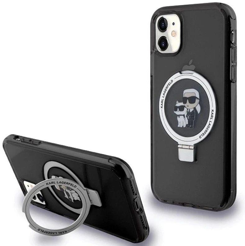 Karl Lagerfeld KLHMN61HMRSKCK Apple iPhone 11/ Xr 6.1″ juodos spalvos kietas dėklas Ring Stand Karl&Choupettte Ma