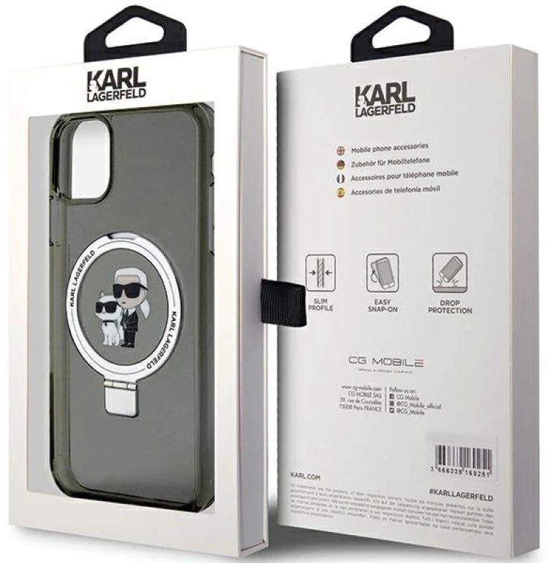 Karl Lagerfeld KLHMN61HMRSKCK Apple iPhone 11/ Xr 6.1″ juodos spalvos kietas dėklas Ring Stand Karl&Choupettte Ma
