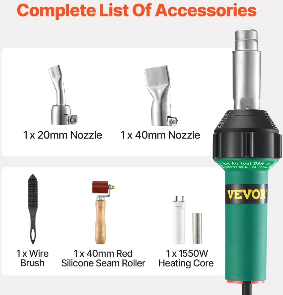 VEVOR Karšto oro plastiko suvirintojas 1600W PVC TPO vinilo šiluminis pistoletas