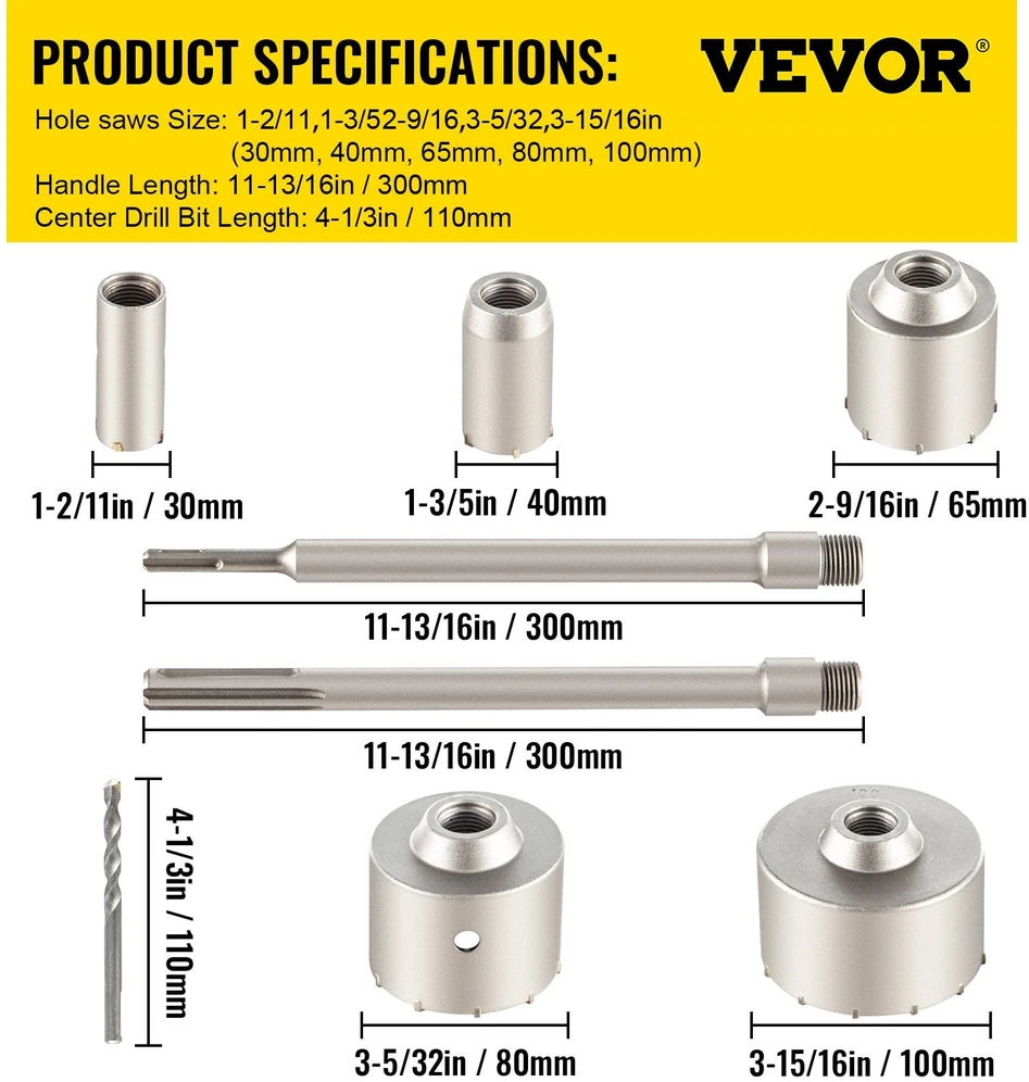 VEVOR Betono skylių pjaustymo rinkinys 30-100 mm