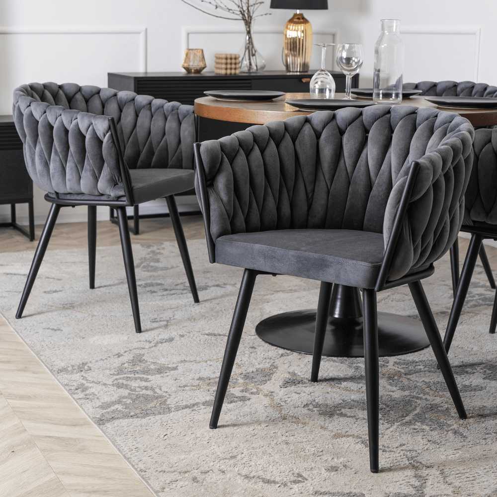 Fotelis Mebel Elite Minkšta kėdė, Glamour Velour ELENA Braided Pilkas, skirta poilsio kambariui valgomajame