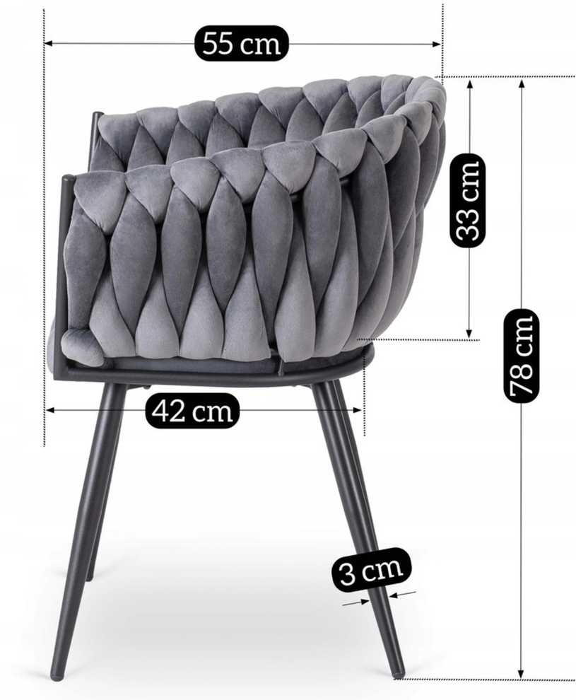 Fotelis Mebel Elite Minkšta kėdė, Glamour Velour ELENA Braided Pilkas, skirta poilsio kambariui valgomajame