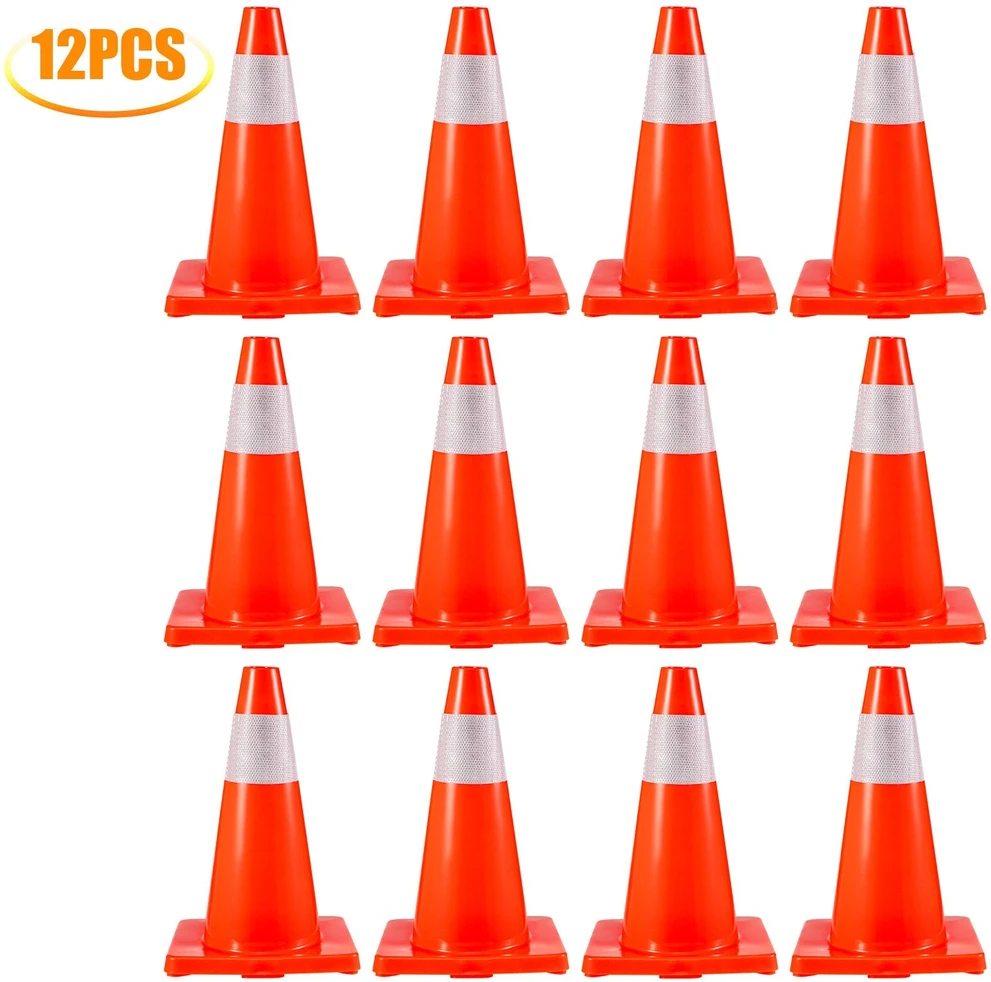VEVOR Eismo saugumo kūgiai 45,7 cm, PVC pagrindas, oranžiniai atšvaitiniai, 12 vnt. pavojaus kūgiai parkavimui