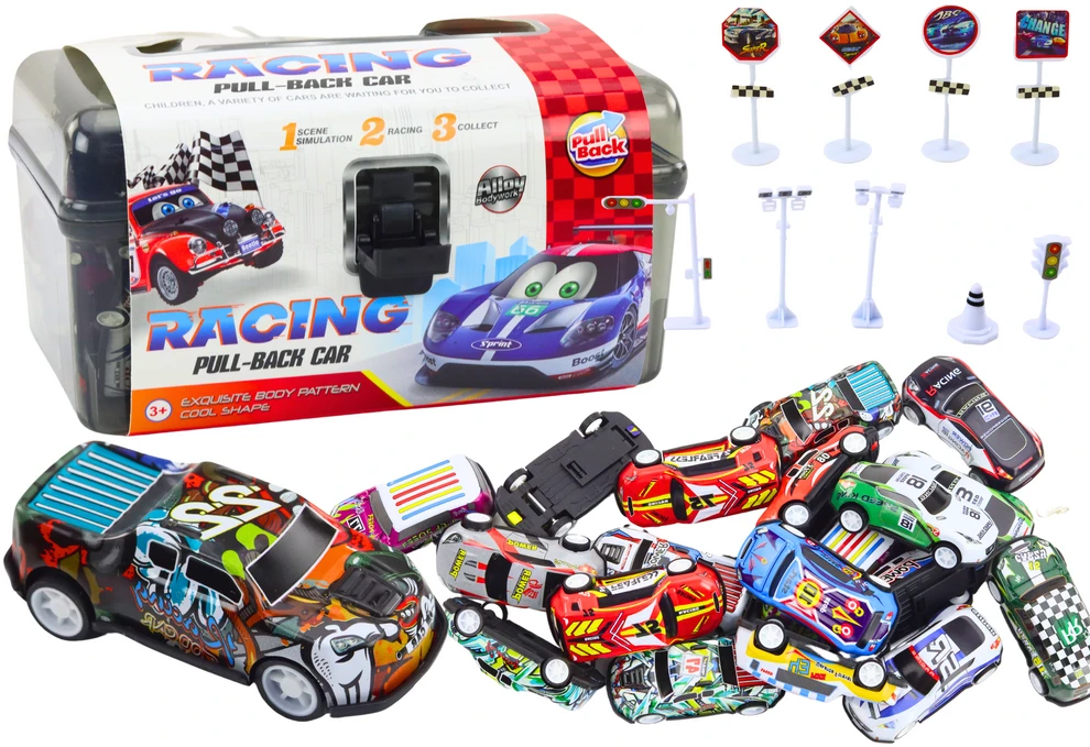 Lean Toys 25 dalių automobilių ir kelio ženklų rinkinys lagamine