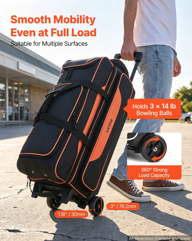 Kelioninis Boulingo krepšys su ratukais VEVOR ZL-YDB-0186-2, 3 kamuoliams