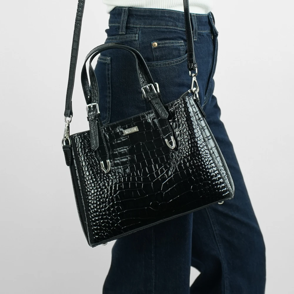 Elegant Leather Tote Shoulder Bag Solier FL45 Veloria – Juodas