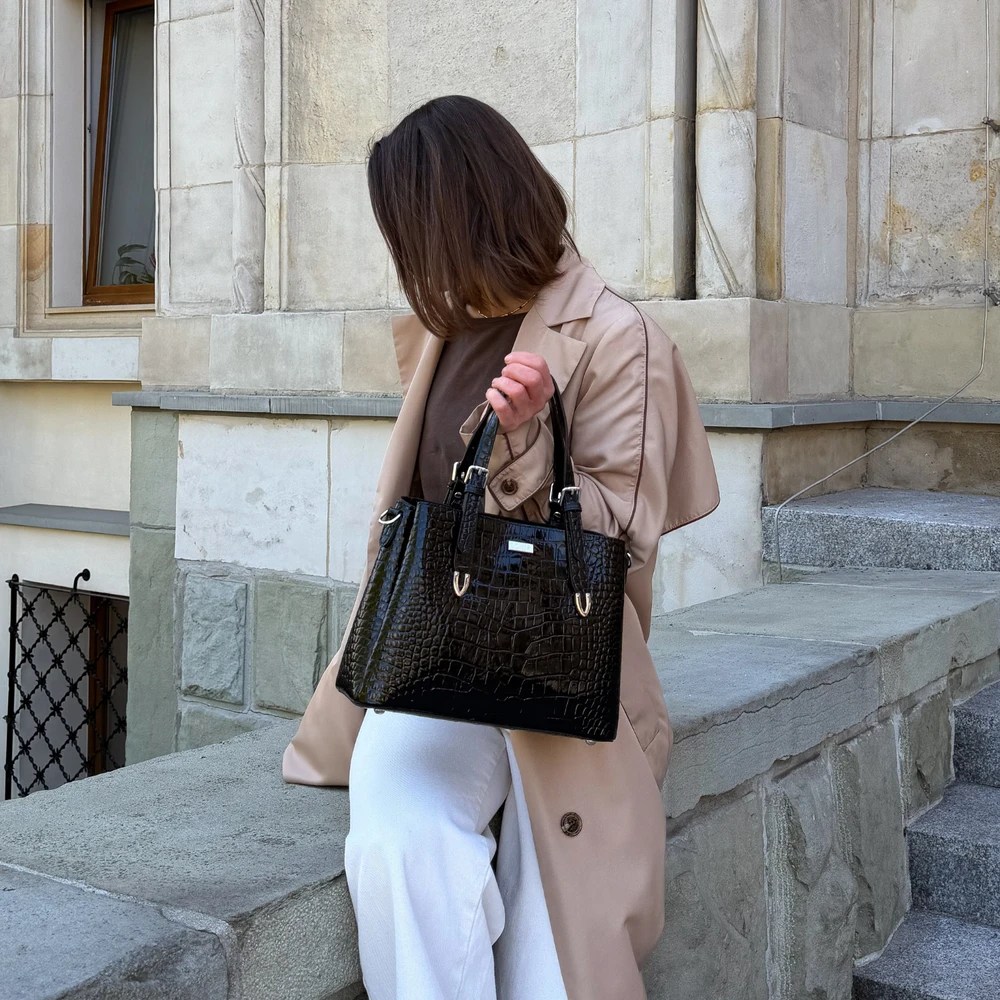 Elegant Leather Tote Shoulder Bag Solier FL45 Veloria – Juodas