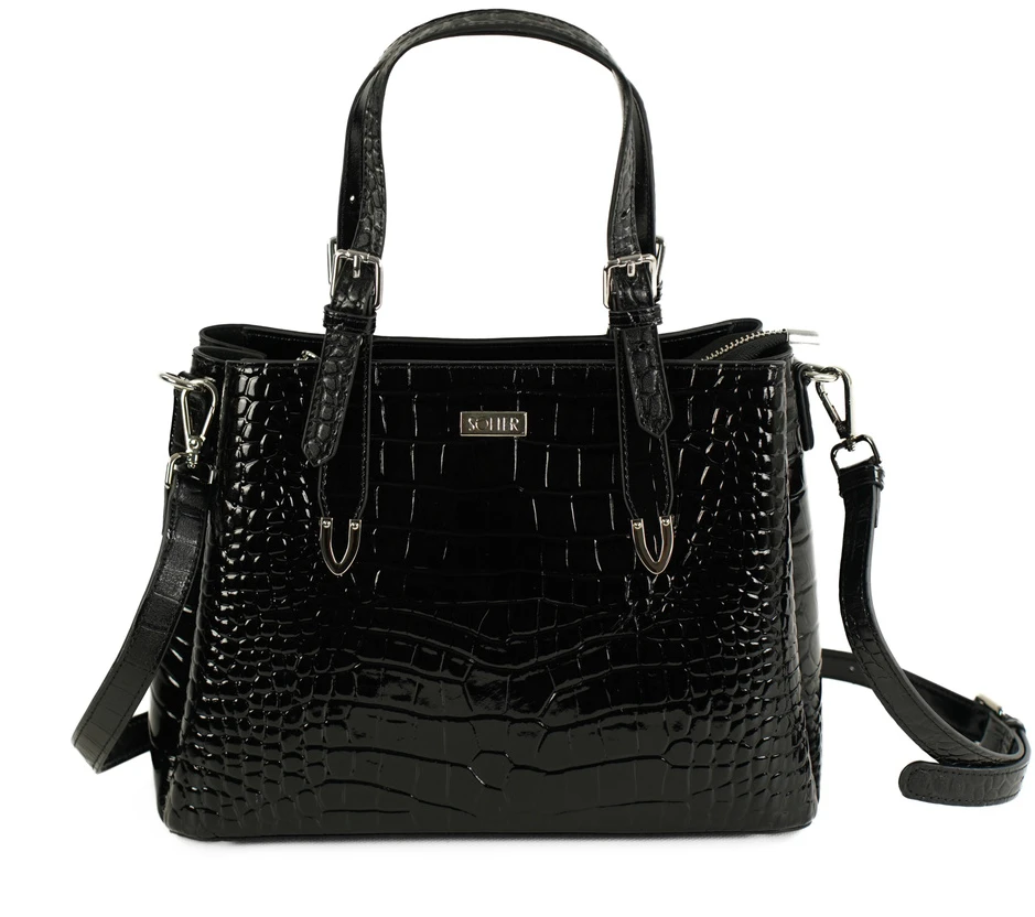 Elegant Leather Tote Shoulder Bag Solier FL45 Veloria – Juodas