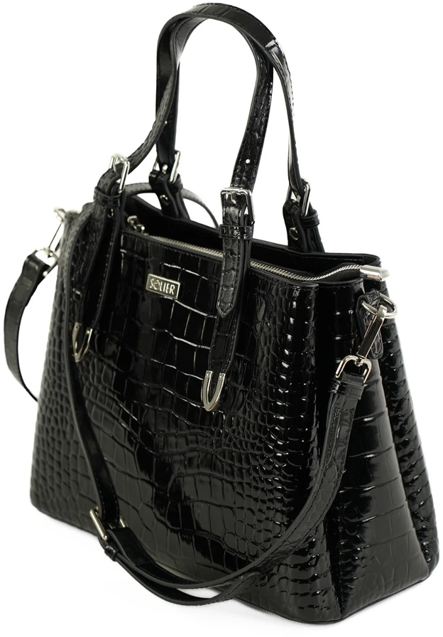 Elegant Leather Tote Shoulder Bag Solier FL45 Veloria – Juodas