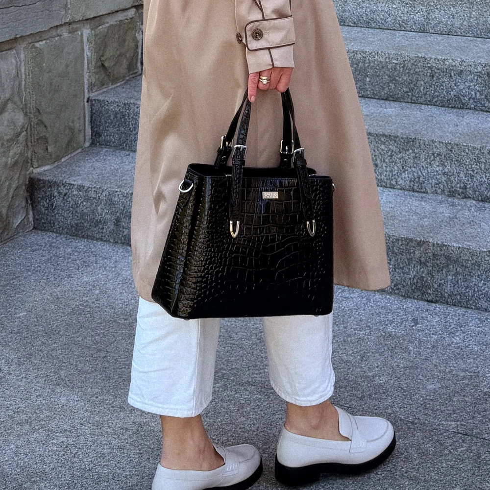 Elegant Leather Tote Shoulder Bag Solier FL45 Veloria – Juodas