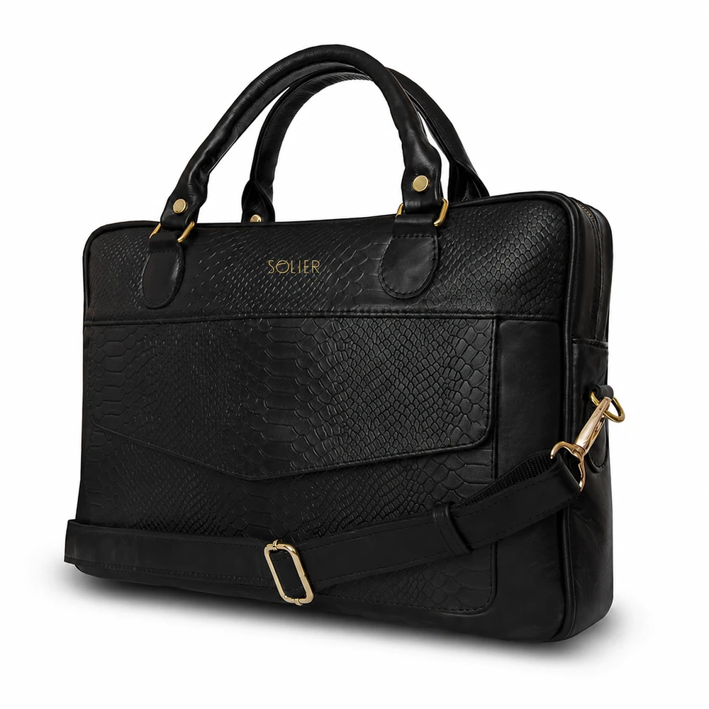 Gold Genuine leather woman s laptop bag FL25 juodas with snake pattern