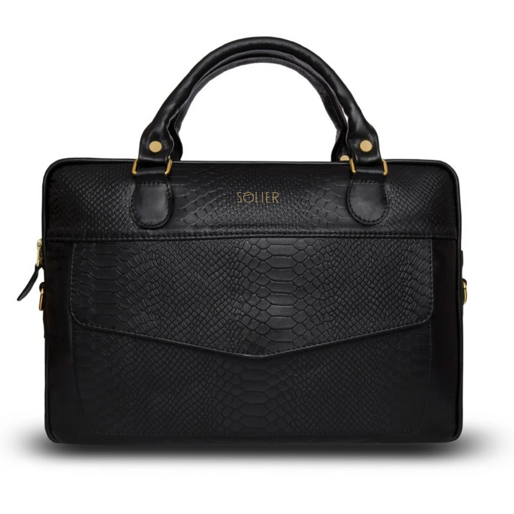Gold Genuine leather woman s laptop bag FL25 juodas with snake pattern