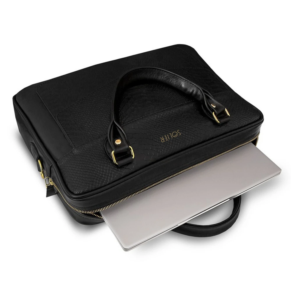 Gold Genuine leather woman s laptop bag FL25 juodas with snake pattern