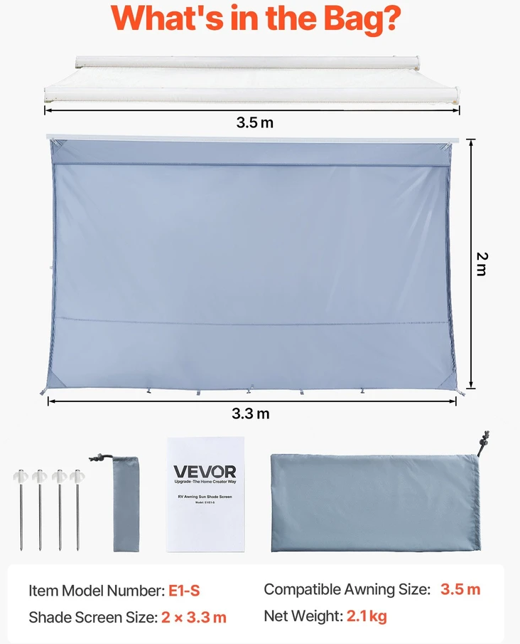 VEVOR RV markizės saulės uždanga, 2 x 3.3 m
