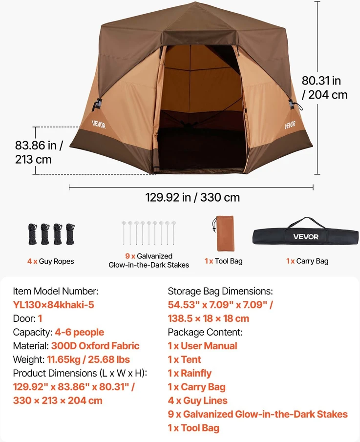 Kempingo palapinė VEVOR YL130x84khaki-5, 6 asmenims