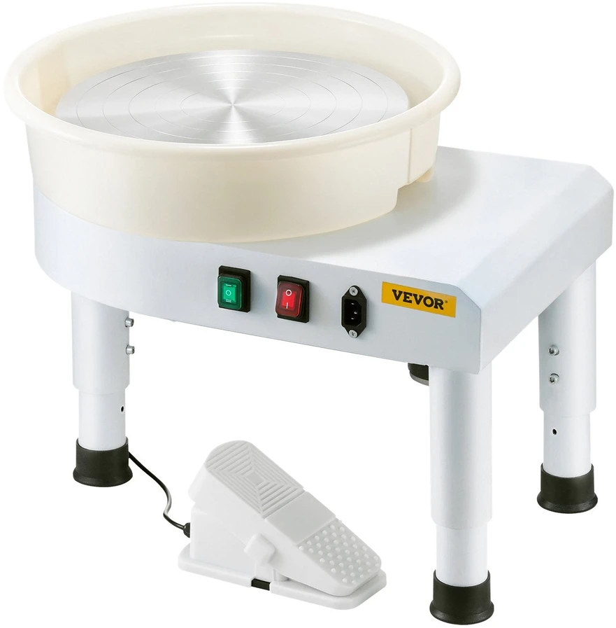 VEVOR Profesionalus elektrinis žiedimo ratas su kojiniu pedalu ir reguliuojamu aukščiu, 35 cm, 60–300 RPM, baltas