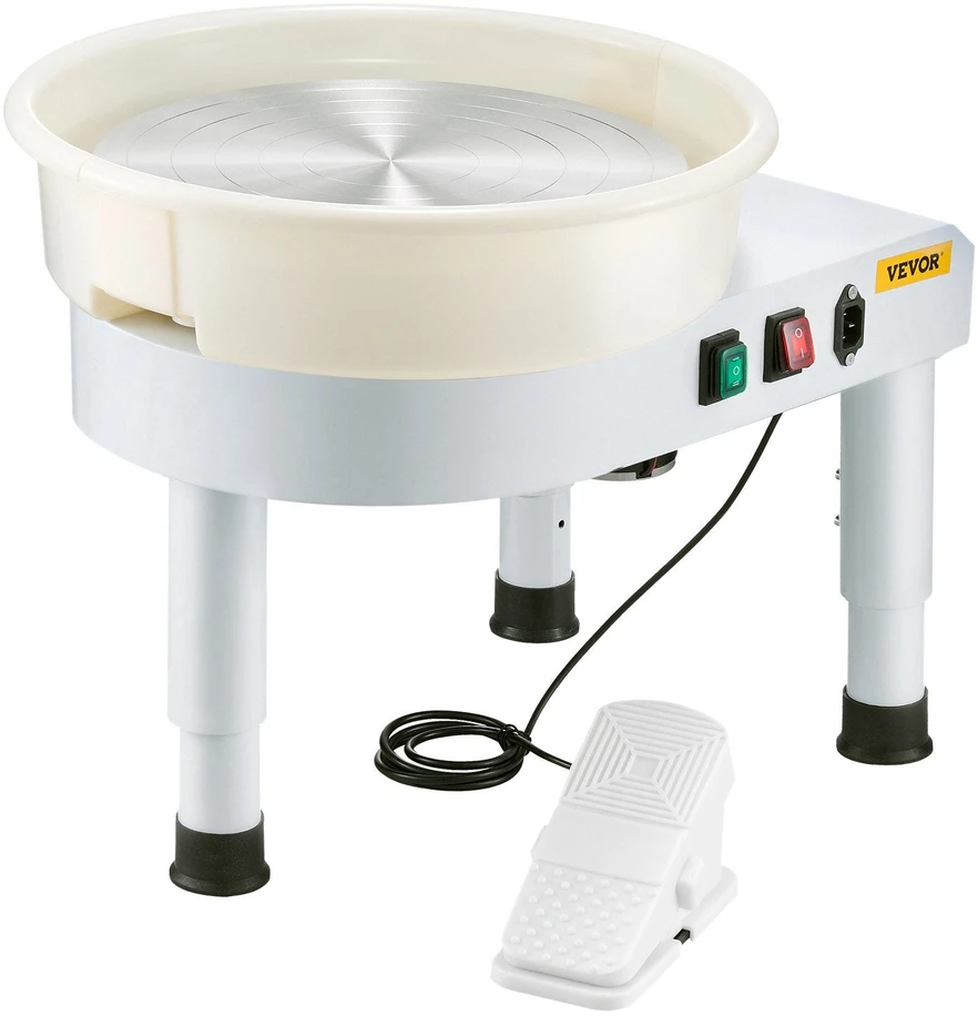 VEVOR Profesionalus elektrinis žiedimo ratas su kojiniu pedalu ir reguliuojamu aukščiu, 35 cm, 60–300 RPM, baltas