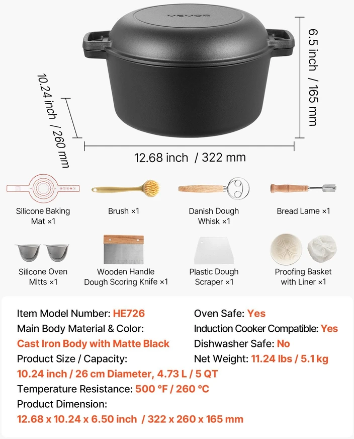 VEVOR ketaus puodas su keptuvės dangčiu 4,7 l