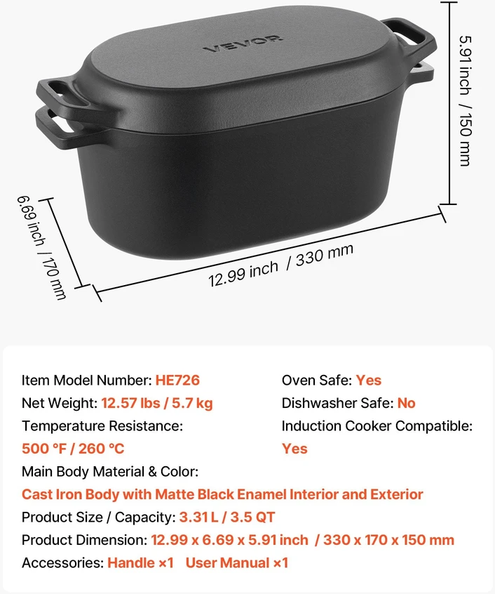 VEVOR Emaliuotas ketaus puodas 3,3L