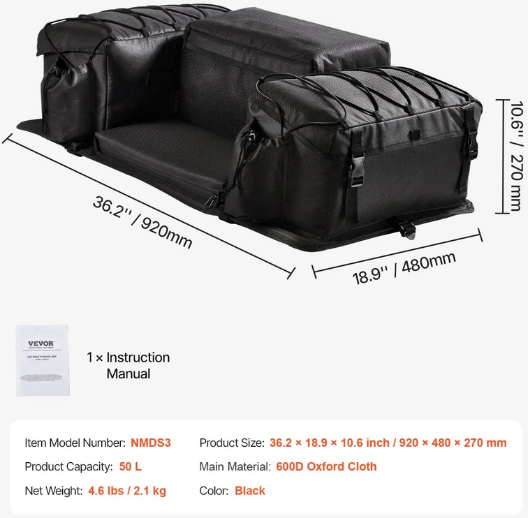 VEVOR 50L ATV galinė daiktadėžė su kempine