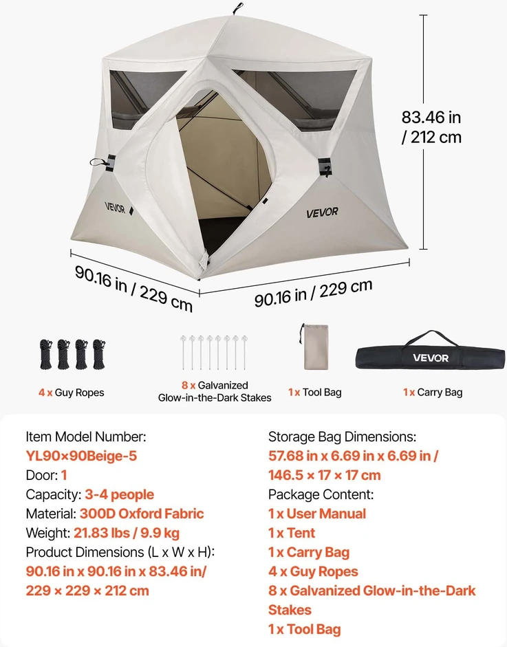 Keturvietė palapinė VEVOR YL90x90Beige-5, 212 cm aukščio
