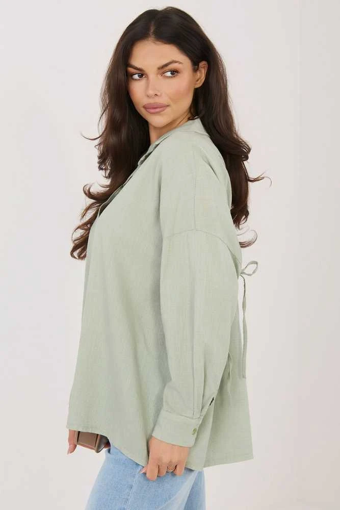 Khaki spalvos moteriški oversize marškiniai (vieno dydžio)