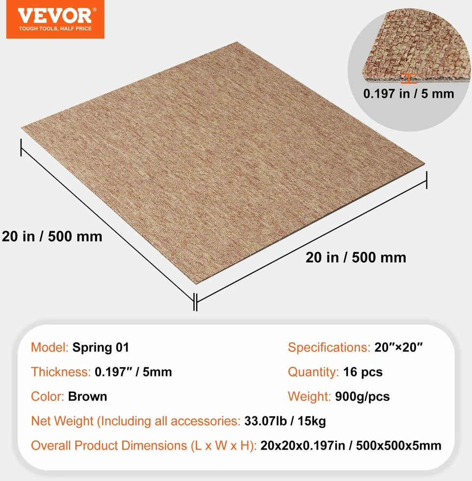 Vevor Tamsios rudos kilimų plytelės 50x50 cm su paminkštinimu