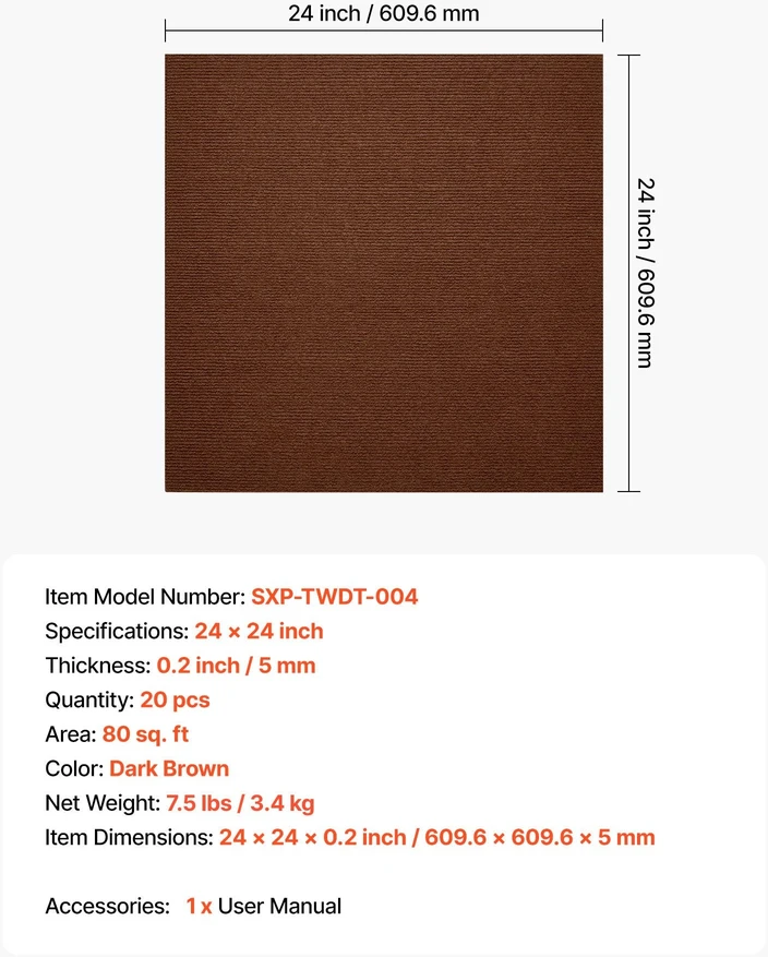 VEVOR Kiliminės plytelės 61x61 cm, 20 vnt, rudos