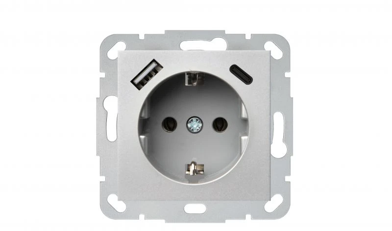 Liregus Kištukinis lizdas EPSILON, SCHUKO lizdas ir USB A+C įkroviklis 17W, be rėmelio, metalo sp.