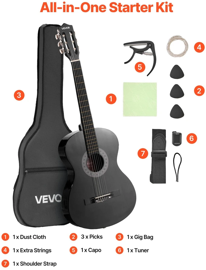 VEVOR Klasikinė gitara pradedantiesiems, juoda