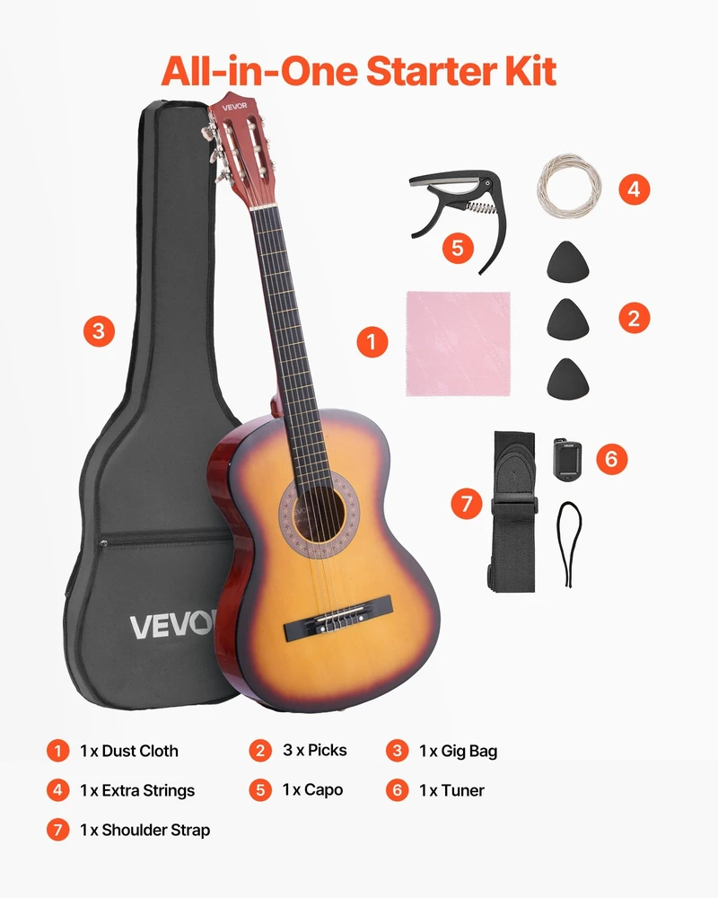 VEVOR Klasikinė gitara su priedais, saulės sprogimas