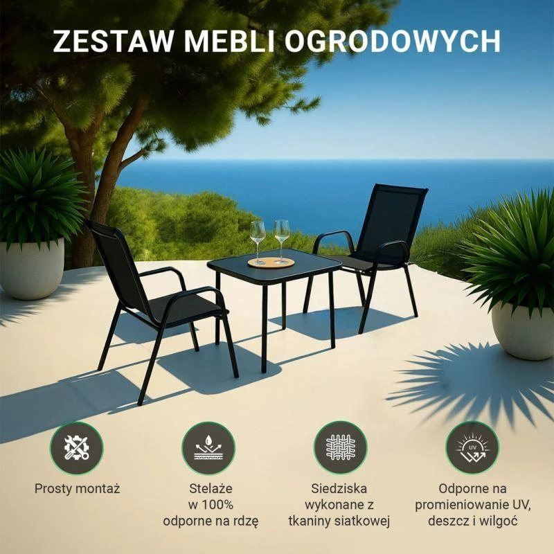 Extralink Juodas Forest Garden Furniture Set, Textilene Two Chairs + Juodas Table lauko baldų komplektas Juoda