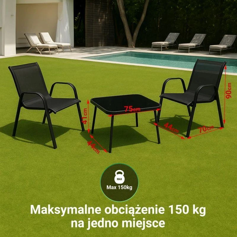 Extralink Juodas Forest Garden Furniture Set, Textilene Two Chairs + Juodas Table lauko baldų komplektas Juoda