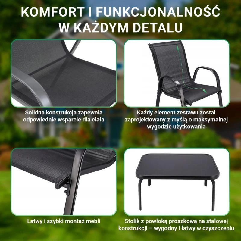 Extralink Juodas Forest Garden Furniture Set, Textilene Two Chairs + Juodas Table lauko baldų komplektas Juoda