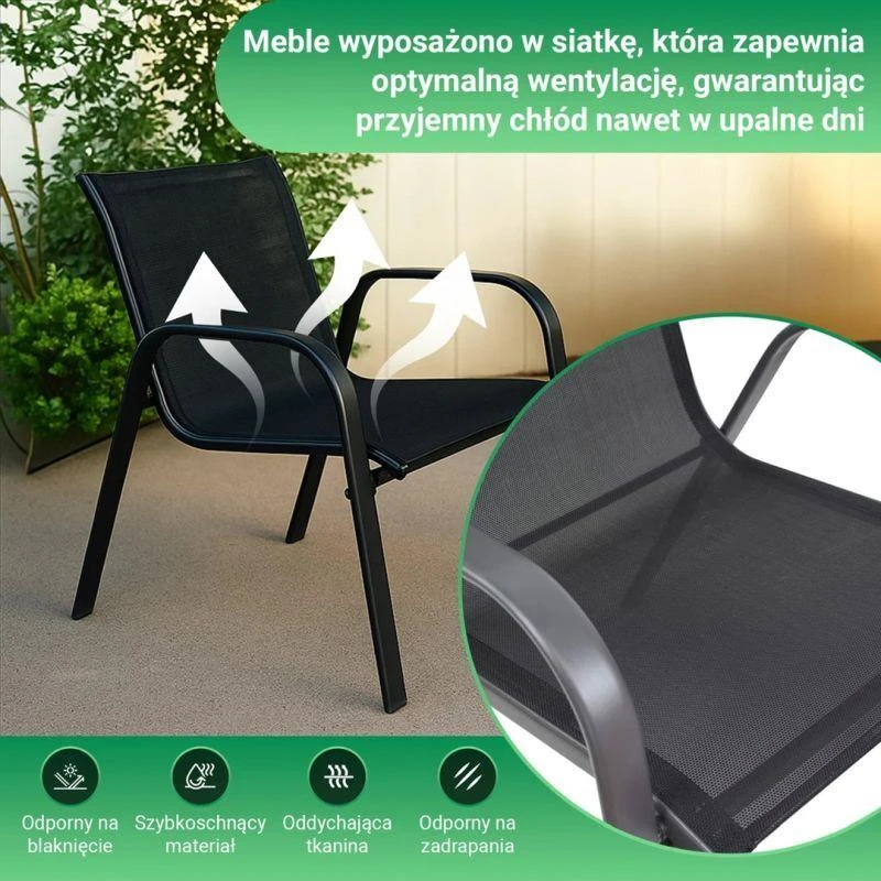 Extralink Juodas Forest Garden Furniture Set, Textilene Two Chairs + Juodas Table lauko baldų komplektas Juoda