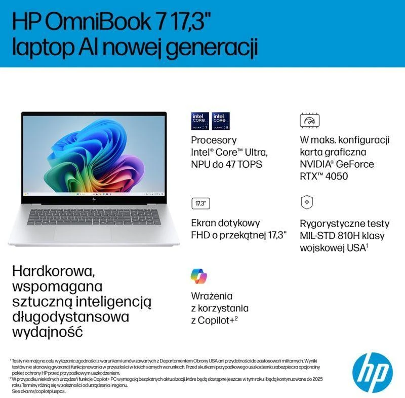 Hewlett Packard (HP) HP OmniBook 7 Next Gen AI 17-DC0073CL Copilot+ asmeninis kompiuteris Intel Core Ultra 7 258V Nešiojamas kompiuteris 43,9 cm (17,3") Full HD lietimui jautrus ekranas 32 GB LPDDR5x-SDRAM 1 TB SSD NVIDIA GeForce RTX 4050 Wi-Fi 6E (802.11ax) Windows 11 Home Sidabrinis Naujas Perpakuotas/Perpakuotas (Pažeista pakuotė)