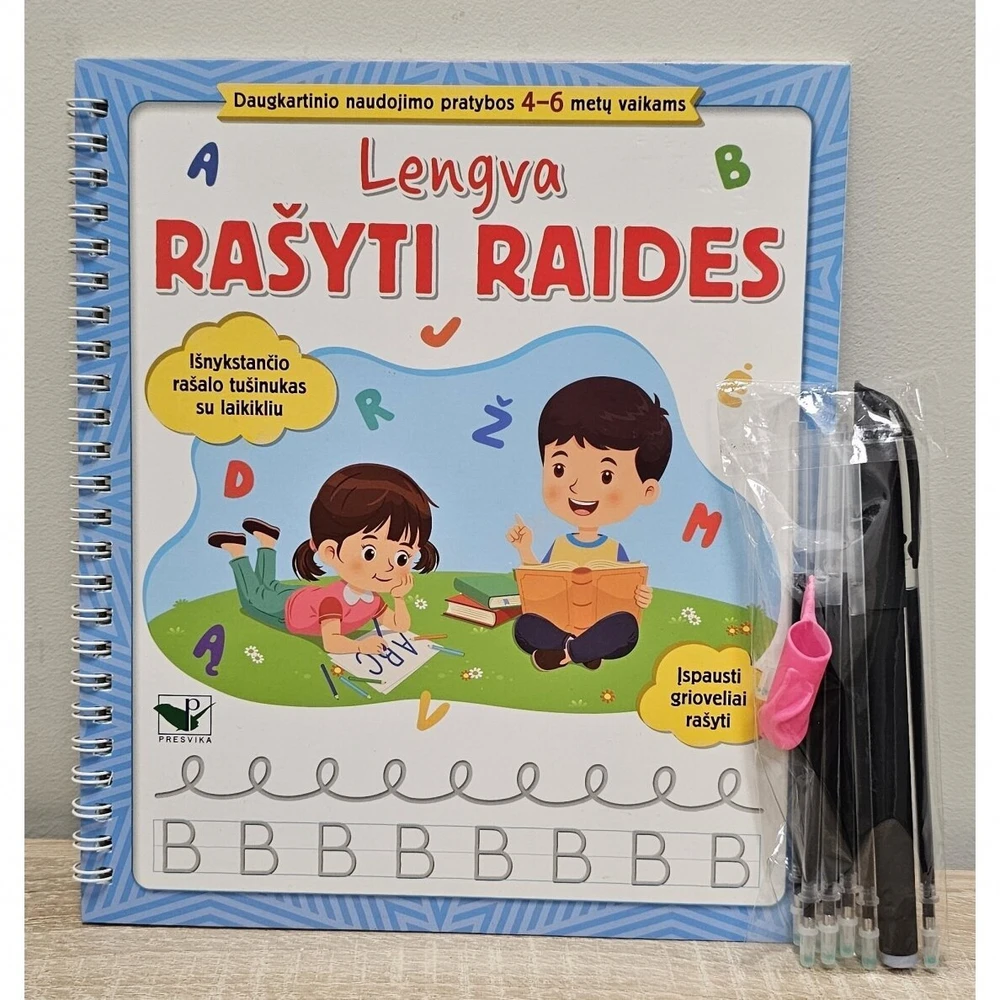 KNYGA Lengva rašyti raides. Įspausti grioveliai rašyti. Išnykstančio rašalo tušinukas su laikikliu + širdelės. Daugkartinio naudojimo pratybos 4-6 metų vaikams.