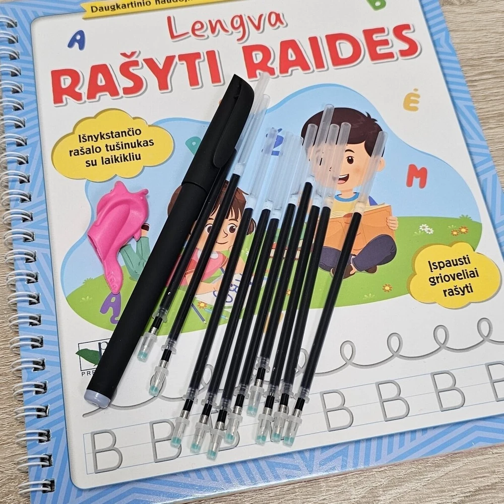 KNYGA Lengva rašyti raides. Įspausti grioveliai rašyti. Išnykstančio rašalo tušinukas su laikikliu + širdelės. Daugkartinio naudojimo pratybos 4-6 metų vaikams.