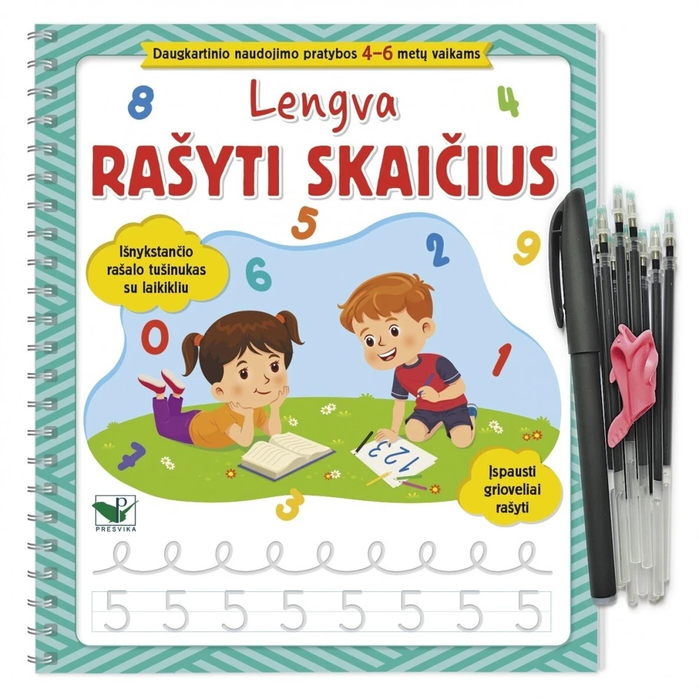 KNYGA Lengva rašyti skaičius. Įspausti grioveliai rašyti. Išnykstančio rašalo tušinukas su laikikliu + širdelės. Daugkartinio naudojimo pratybos 4-6 metų vaikams.