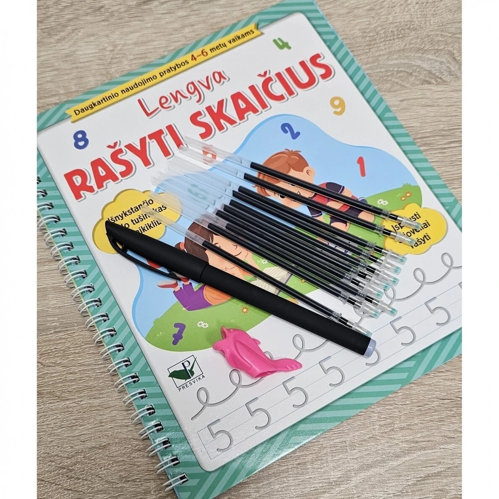 KNYGA Lengva rašyti skaičius. Įspausti grioveliai rašyti. Išnykstančio rašalo tušinukas su laikikliu + širdelės. Daugkartinio naudojimo pratybos 4-6 metų vaikams.