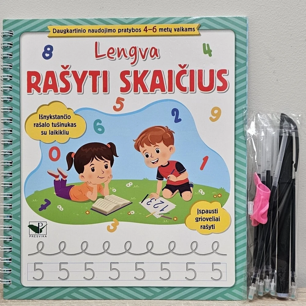 KNYGA Lengva rašyti skaičius. Įspausti grioveliai rašyti. Išnykstančio rašalo tušinukas su laikikliu + širdelės. Daugkartinio naudojimo pratybos 4-6 metų vaikams.