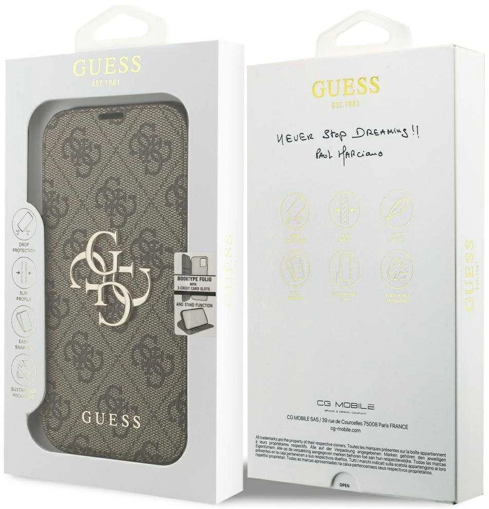 Guess Book 4G Metal Logo Dėklas Apple iPhone 17 Pro rudos spalvos