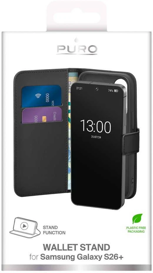 „Samsung Galaxy S26+“ ekologiškos odos piniginės dėklas, gamintojas Puro Juodas