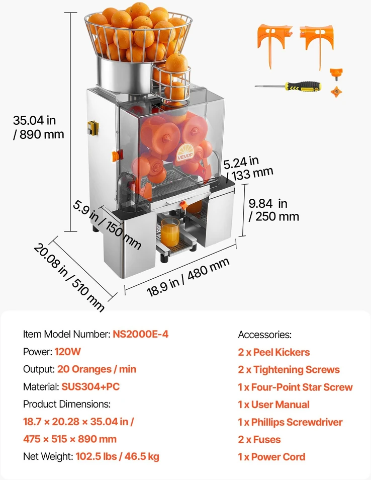 Komercinė apelsinų sulčiaspaudė VEVOR NS2000E-4, 120W