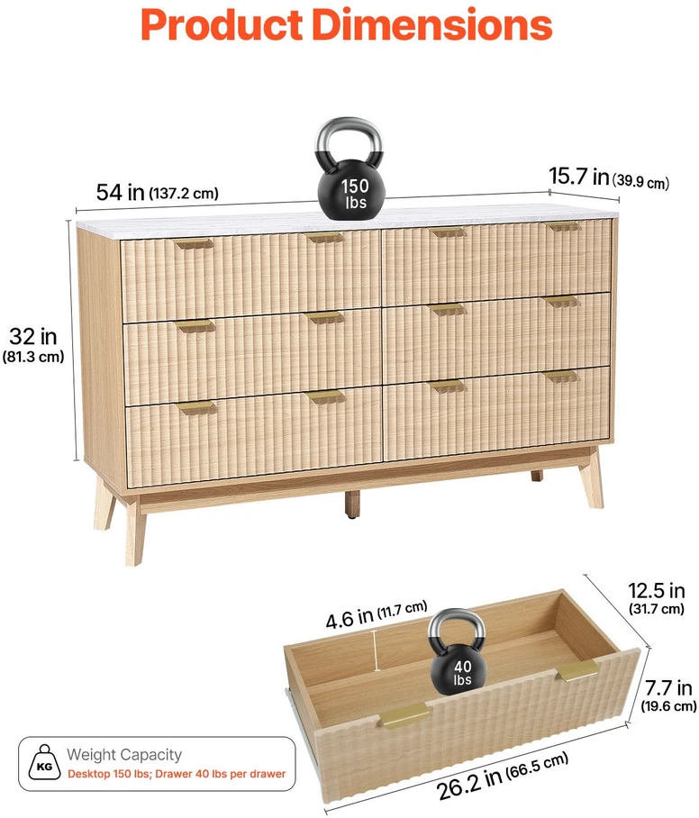 VEVOR 6 stalčių komoda su slankiojančiais stalčiais