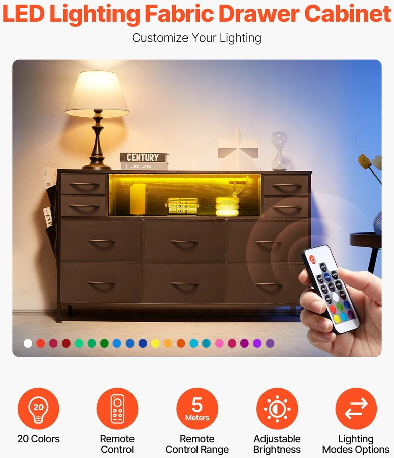 VEVOR 10 stalčių komoda su LED ir lizdu