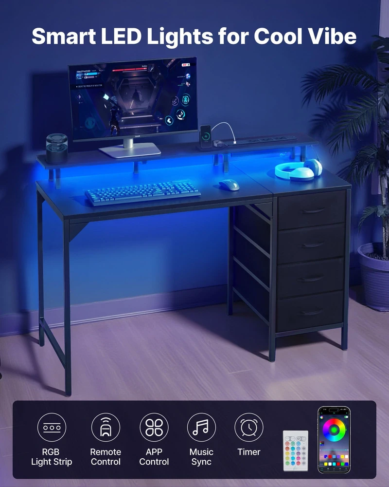 VEVOR 120 cm kompiuterio stalas su LED šviesomis ir elektros lizdais