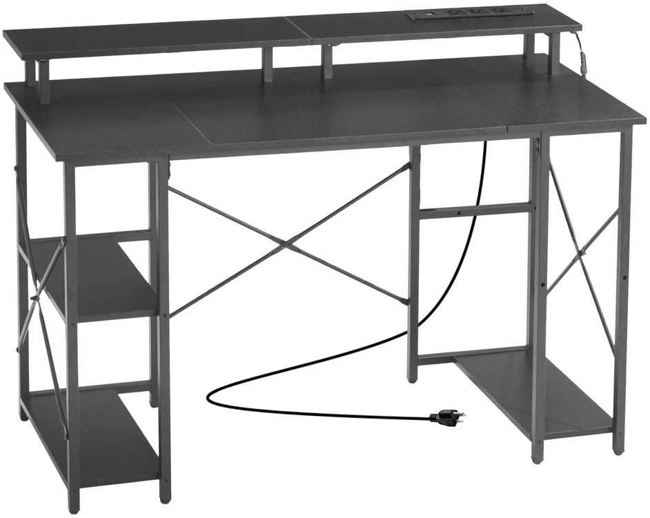 VEVOR 120 cm kompiuterio stalas su LED, maitinimo lizdais, apverčiamas žaidimų stalas su monitoriaus stovu, namų biuro darbo vieta, juodas stalas su lentynomis, modernūs baldai