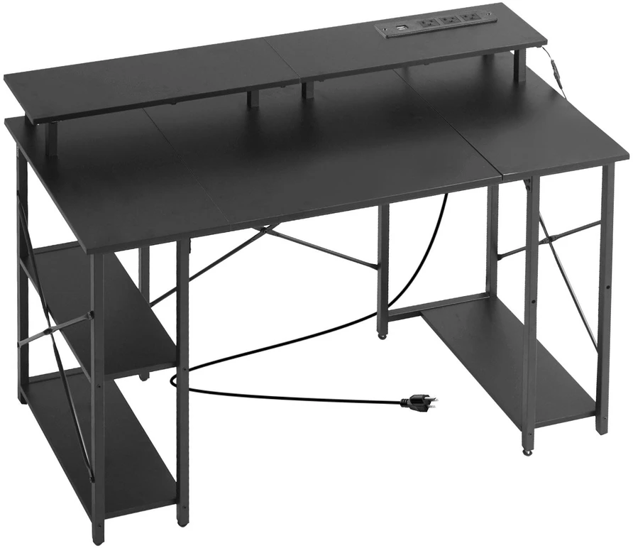 VEVOR 120 cm kompiuterio stalas su LED, maitinimo lizdais, apverčiamas žaidimų stalas su monitoriaus stovu, namų biuro darbo vieta, juodas stalas su lentynomis, modernūs baldai