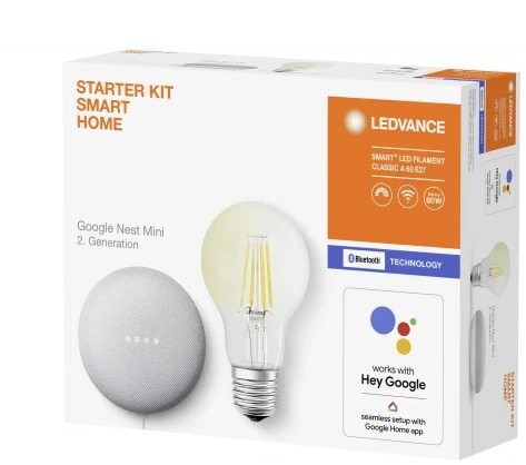 Komplektas- išmanusis garsiakalbis GOOGLE NEST + 6W SMART LED lemputė, E27